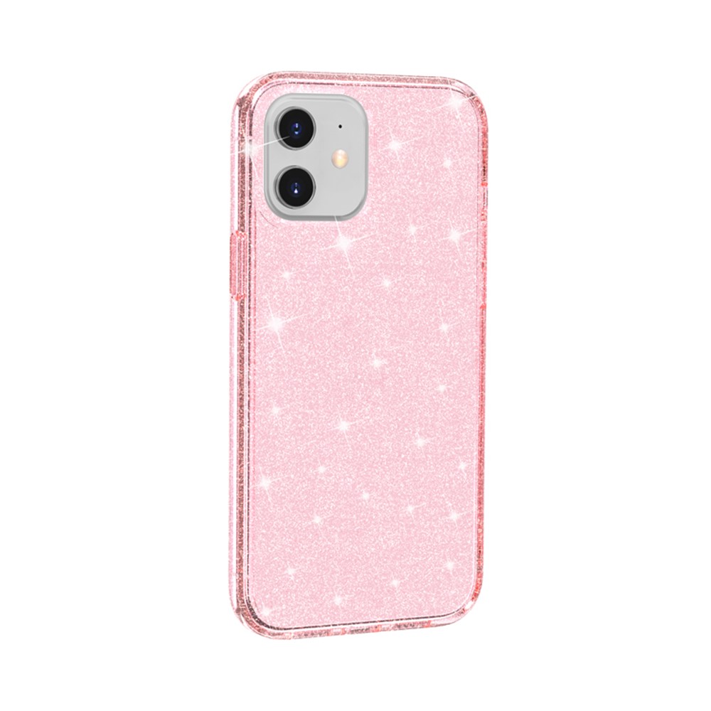 For iPhone 12 6.1 inch Glittery Powder Clear Case Hard PC Soft TPU Shockproof Transparent Sparkly Cover - Pink-5