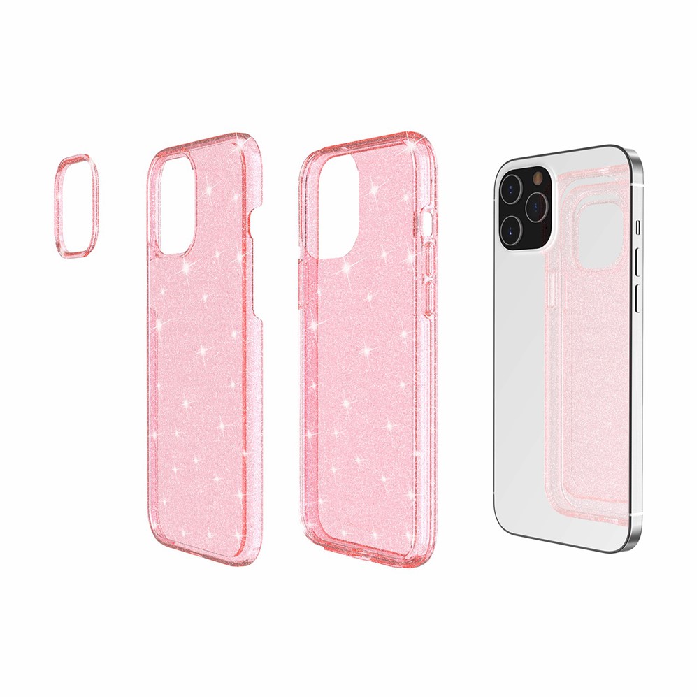 Reluzente Pó PC + TPU Shell Híbrido De Volta Para O Iphone 12 Pro Máximo De 6,7 Polegadas - Rosa-6