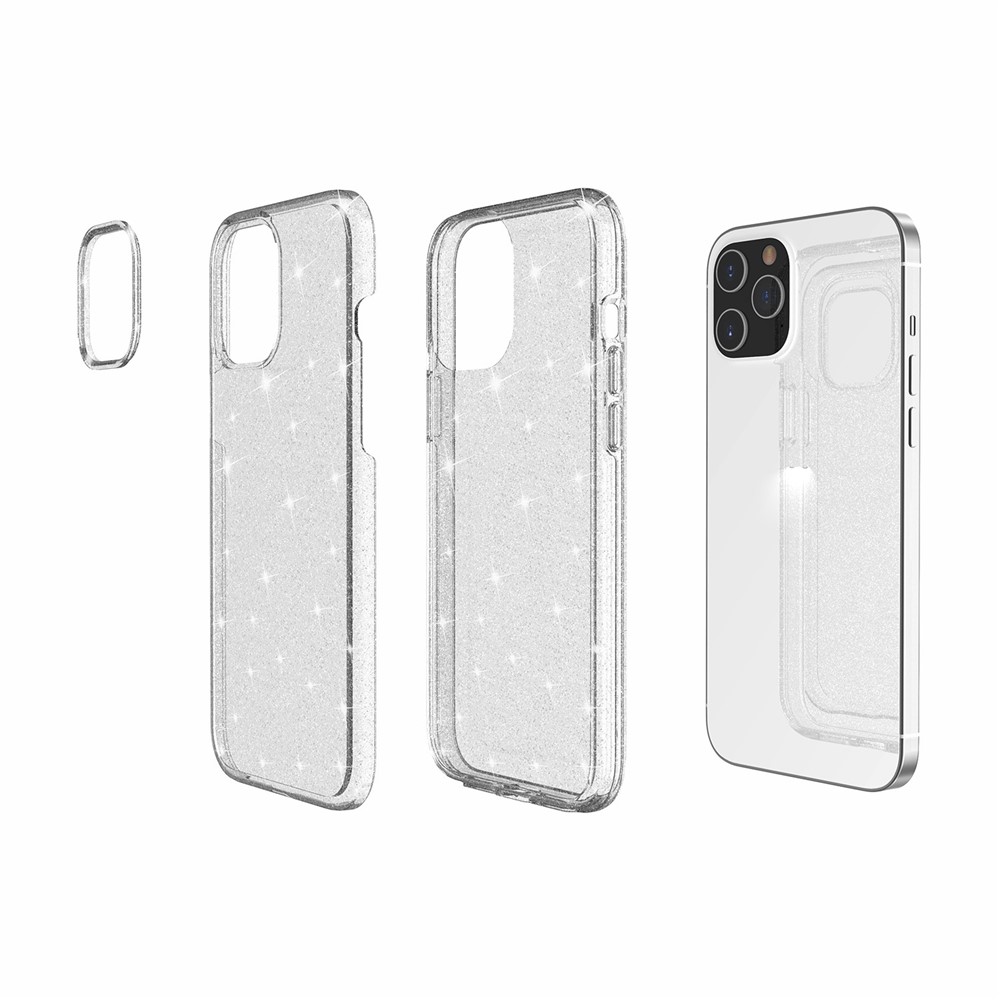 Case de Bling en Polvo Brillante Para Iphone 12 Pro Max 6.7 Pulgadas, PC Hard PC Flexible TPU Hybrid Back Shell - Plata-6