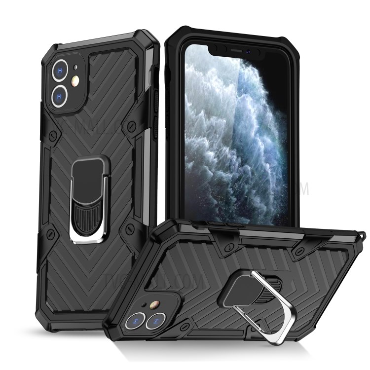 Rotatable Finger Ring Kickstand PC + TPU Hybrid Back Case for iPhone 11 6.1-inch - Black-1