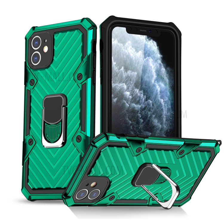 Rotatable Finger Ring Kickstand PC + TPU Hybrid Back Case for iPhone 11 6.1-inch - Dark Green-1