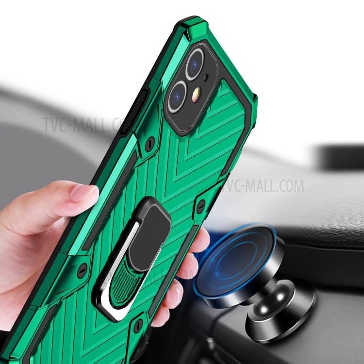Rotatable Finger Ring Kickstand PC + TPU Hybrid Back Case for iPhone 11 6.1-inch - Dark Green-2