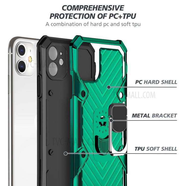Rotatable Finger Ring Kickstand PC + TPU Hybrid Back Case for iPhone 11 6.1-inch - Dark Green-4