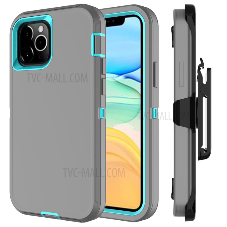Anti-drop Hybrid PC + TPU Phone Case with Belt Clip Kickstand for Apple iPhone 12 Max/12 Pro 6.1 inch - Grey / Sky Blue-1