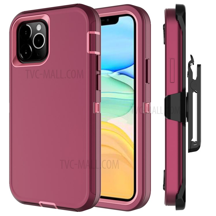 Anti-drop Hybrid PC + TPU Phone Case with Belt Clip Kickstand for Apple iPhone 12 Max/12 Pro 6.1 inch - Wine Red / Pink-1