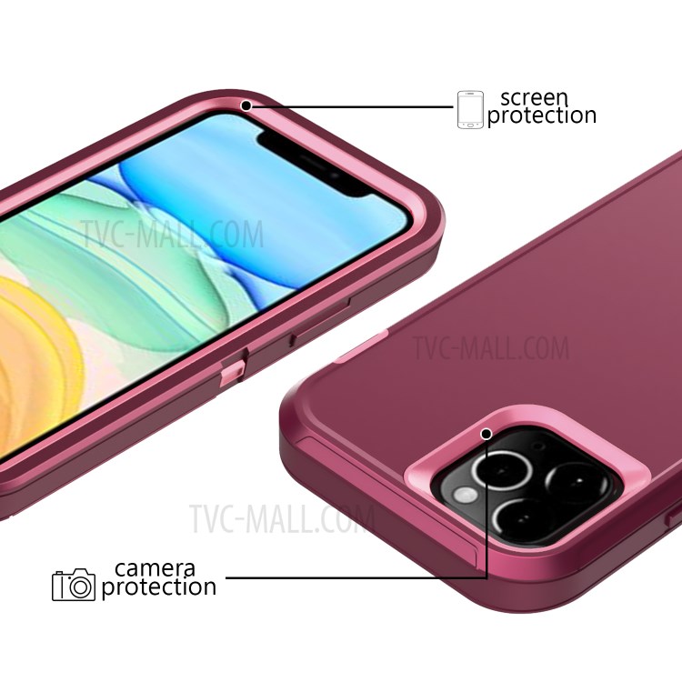 Anti-drop Hybrid PC + TPU Phone Case with Belt Clip Kickstand for Apple iPhone 12 Max/12 Pro 6.1 inch - Wine Red / Pink-2