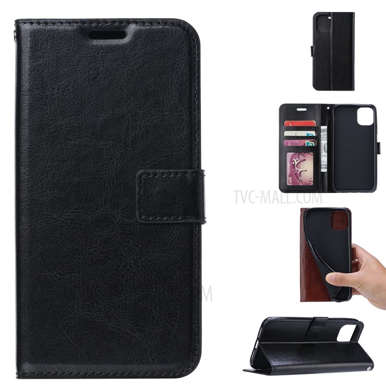 Crazy Horse Leather Wallet Case for iPhone 12 5.4-inch - Black-1