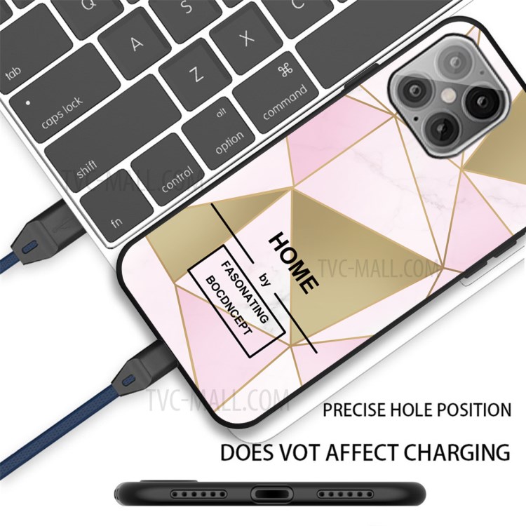 Matte Black TPU Unique Marble Skin Shell for iPhone 12 Max/12 Pro 6.1 inch - Pink/Gold Triangle-2