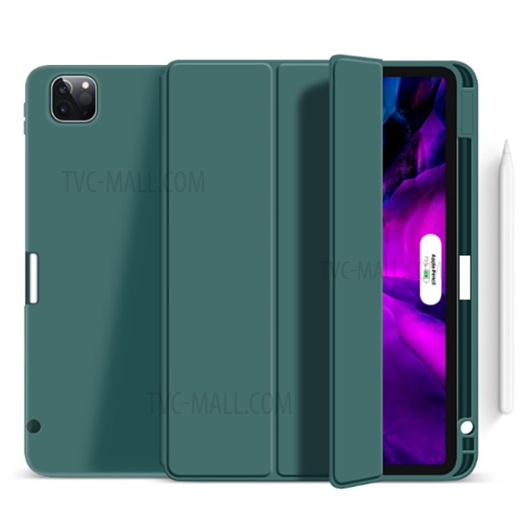 Neuer Zweite Generation Dreifachfalz Stand Leder Smart Fall Mit Bleistift Schlitz Für Ipad Pro 12,9-Zoll (2020) / (2018) - Dunkelgrün-1