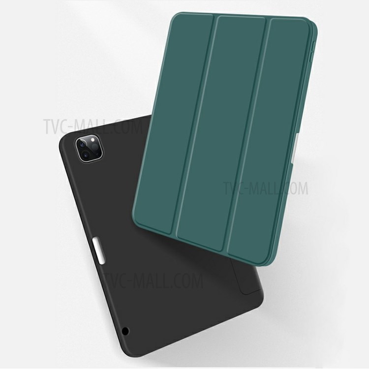 Neuer Zweite Generation Dreifachfalz Stand Leder Smart Fall Mit Bleistift Schlitz Für Ipad Pro 12,9-Zoll (2020) / (2018) - Dunkelgrün-2