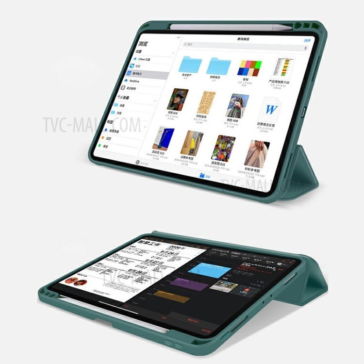 Neuer Zweite Generation Dreifachfalz Stand Leder Smart Fall Mit Bleistift Schlitz Für Ipad Pro 12,9-Zoll (2020) / (2018) - Dunkelgrün-3