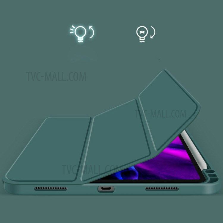Neuer Zweite Generation Dreifachfalz Stand Leder Smart Fall Mit Bleistift Schlitz Für Ipad Pro 12,9-Zoll (2020) / (2018) - Dunkelgrün-4