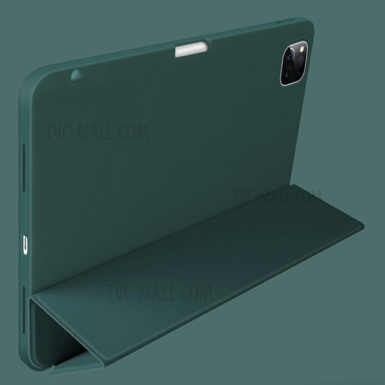 Neuer Zweite Generation Dreifachfalz Stand Leder Smart Fall Mit Bleistift Schlitz Für Ipad Pro 12,9-Zoll (2020) / (2018) - Dunkelgrün-5