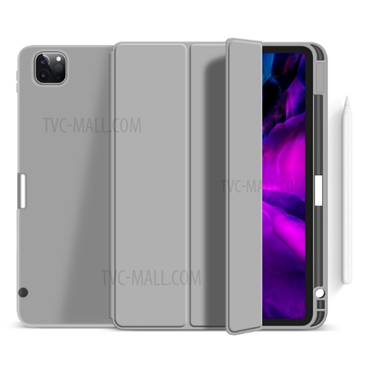 New Second Generation Tri-fold Stand Leather Smart Cover with Pencil Slot for iPad Pro 11-inch (2020) / (2018) - Grey-1