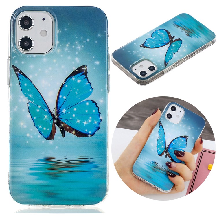 Noctilucent Patterned IMD TPU Case for iPhone 12 5.4 inch - Blue Butterfly-3