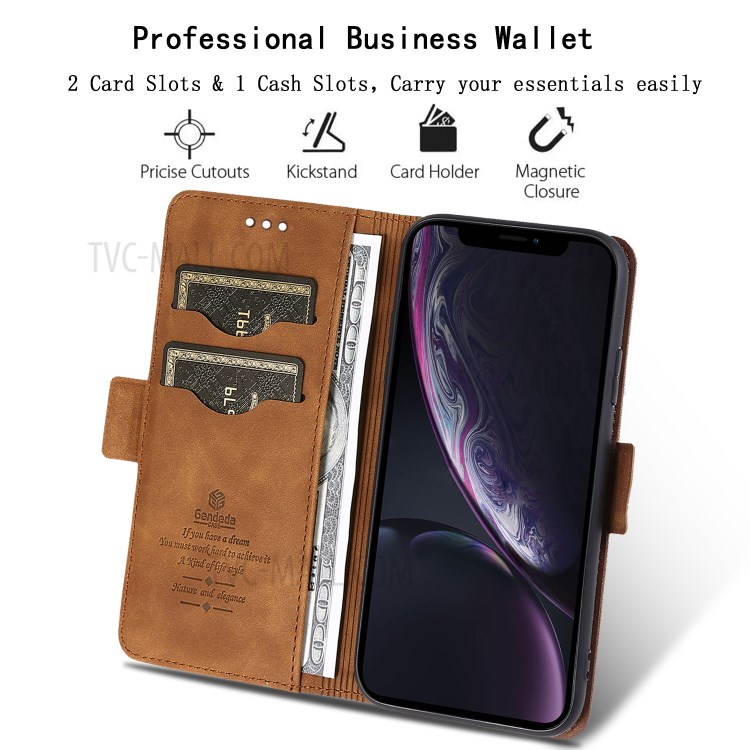 Business Style Leather Wallet Cell Phone Case for iPhone XR 6.1 inch - Brown-2