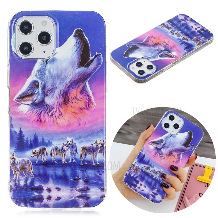 Newly Noctilucent Patterned IMD TPU Case Shell for iPhone 12 Pro Max 6.7 inch - Howling Wolf-2