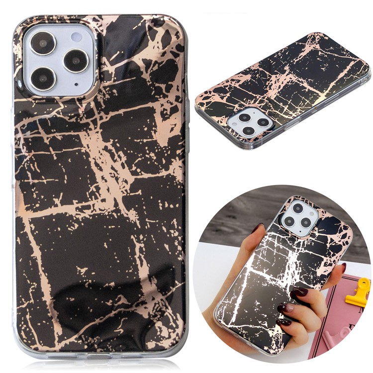 Marble Pattern Rose Gold Electroplating IMD Protective TPU Case for iPhone 12 Pro Max 6.7 inch - Black-2