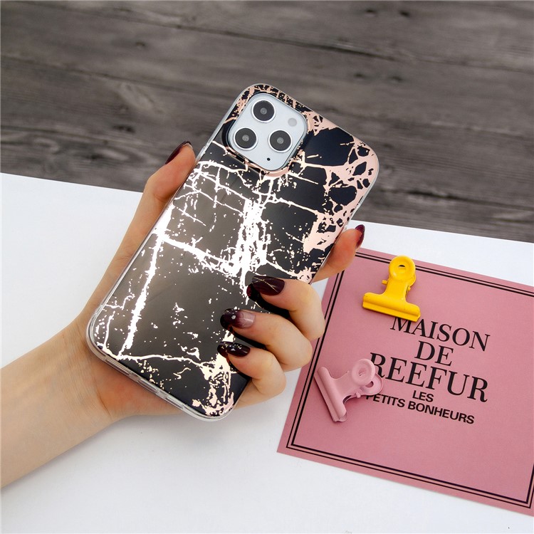 Marble Pattern Rose Gold Electroplating IMD Protective TPU Case for iPhone 12 Pro Max 6.7 inch - Black-4