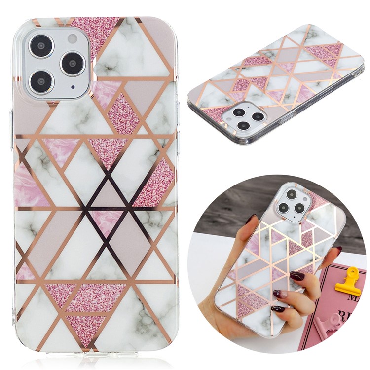 Marble Pattern Rose Gold Electroplating IMD Protective TPU Case for iPhone 12 Pro Max 6.7 inch - White / Pink-2