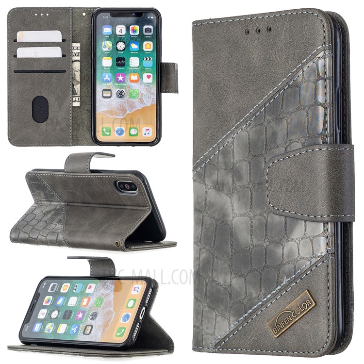 Color Matching Crocodile Skin Style Leather Cover for iPhone X/XS 5.8 inch - Grey-1