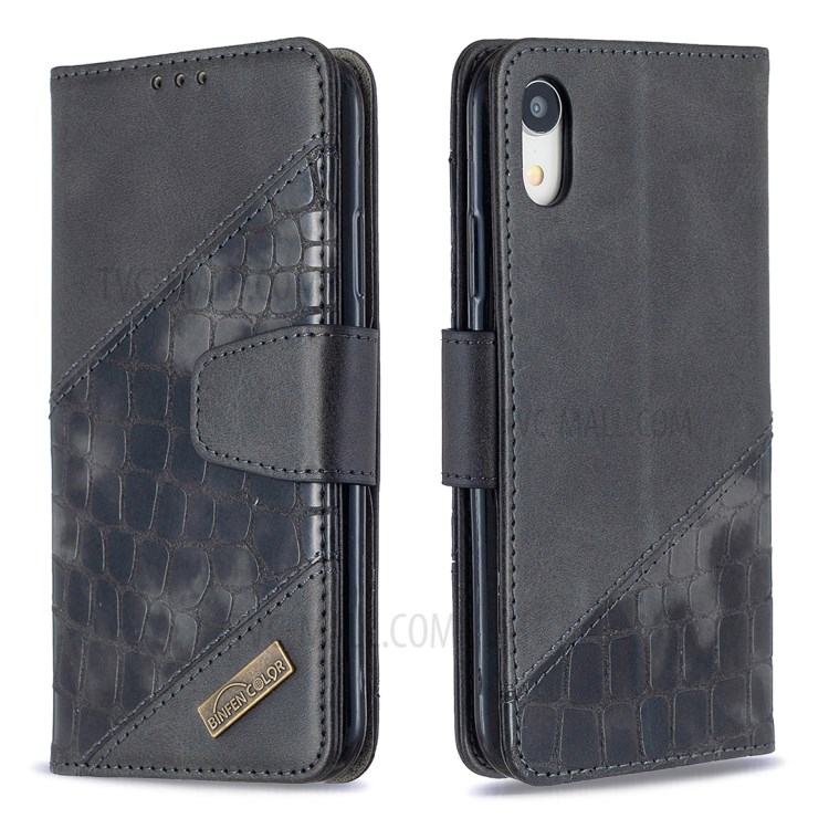 Color Matching Crocodile Skin Leather Shell for iPhone XR 6.1 inch - Black-6