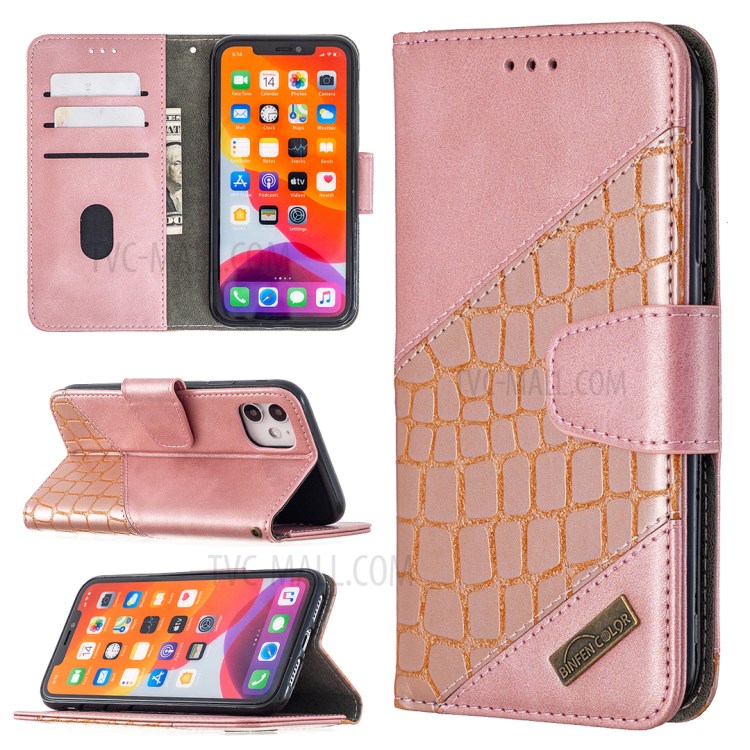 Color Matching Crocodile Skin Shell Stylish Leather Cover for iPhone 11 6.1 inch - Rose Gold-1