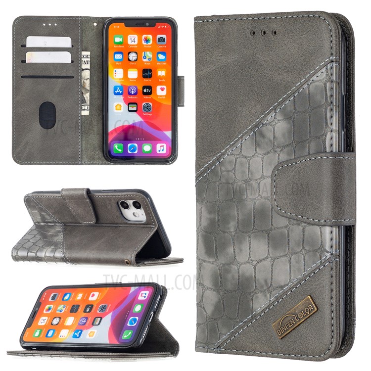 Color Matching Crocodile Skin Shell Stylish Leather Cover for iPhone 11 6.1 inch - Grey-1