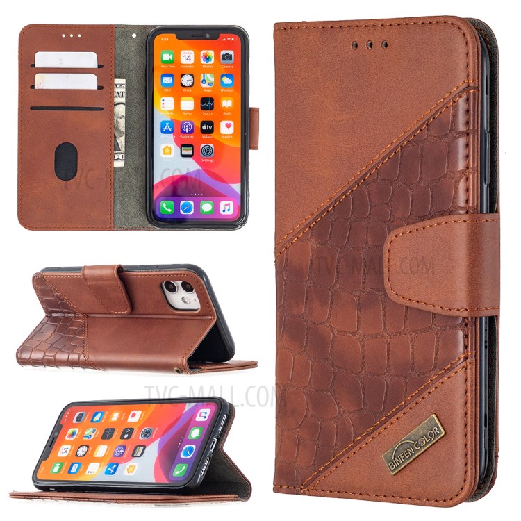 Color Matching Crocodile Skin Shell Stylish Leather Cover for iPhone 11 6.1 inch - Brown-1