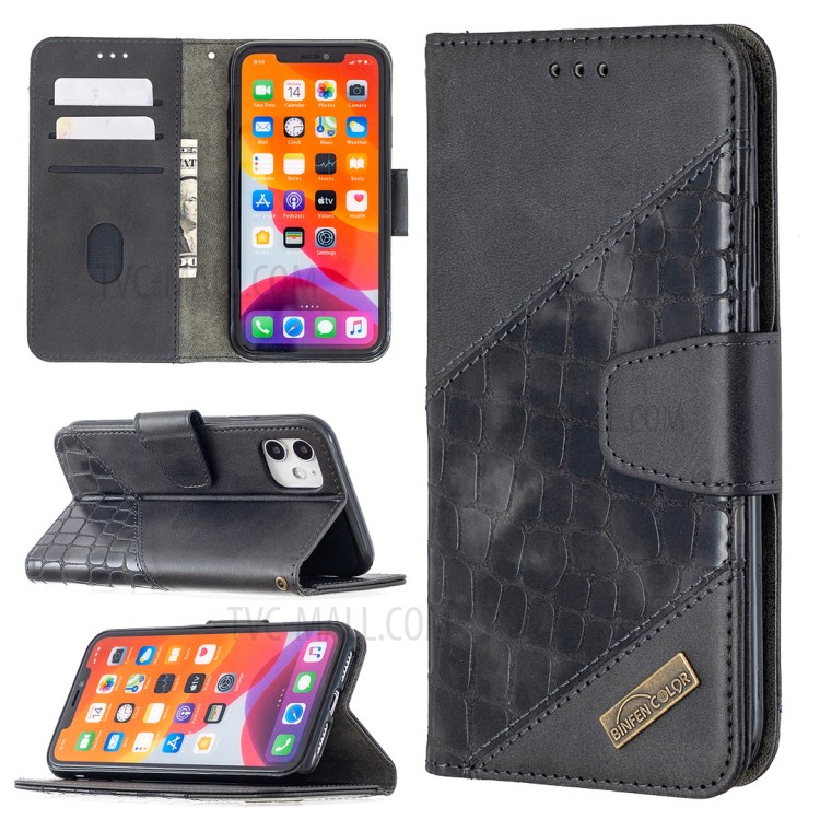 Color Matching Crocodile Skin Shell Stylish Leather Cover for iPhone 11 6.1 inch - Black-1