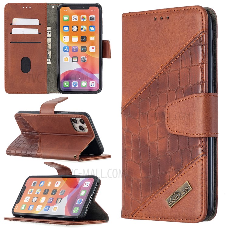 Color Matching Crocodile Skin Shell Leather Cover for iPhone 11 Pro Max 6.5 inch - Brown-1
