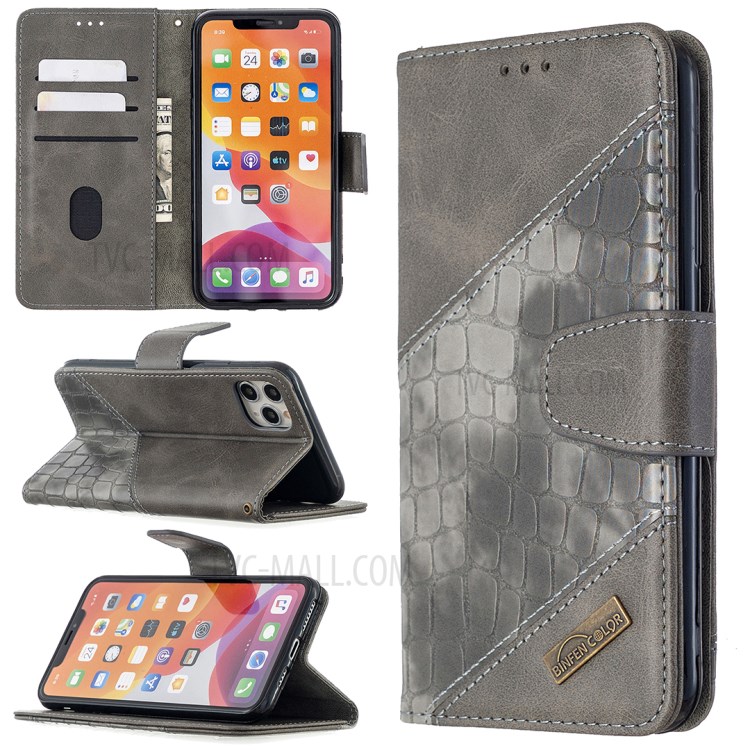 Color Matching Crocodile Skin Shell Leather Cover for iPhone 11 Pro Max 6.5 inch - Grey-1