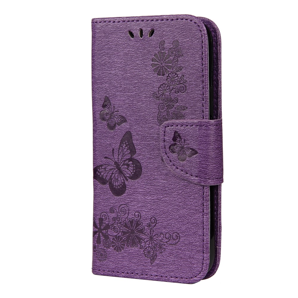 Imprint Flower Butterfly Leather Wallet Case for iPhone 12 Pro/12 - Purple-2