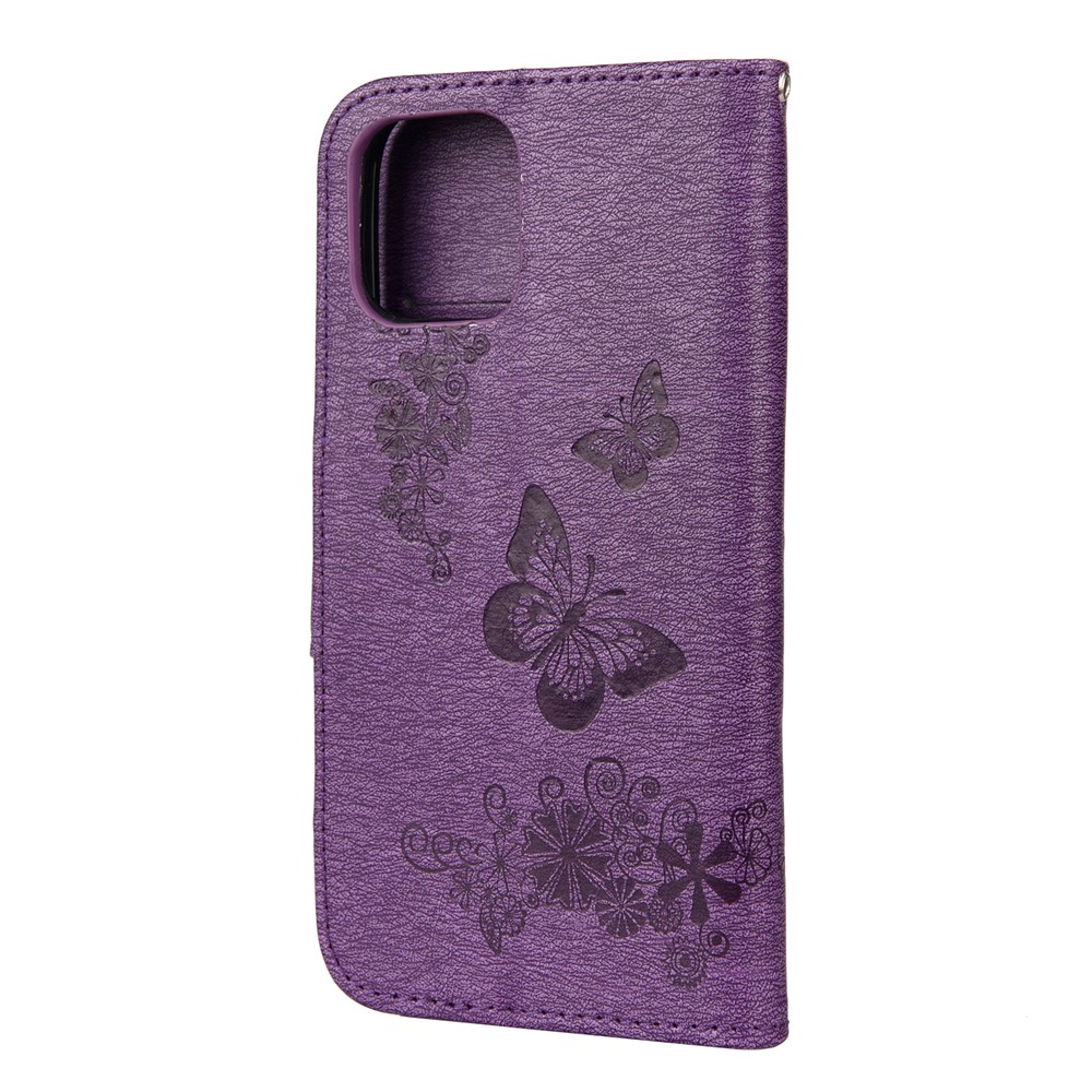 Imprint Flower Butterfly Leather Wallet Case for iPhone 12 Pro/12 - Purple-3