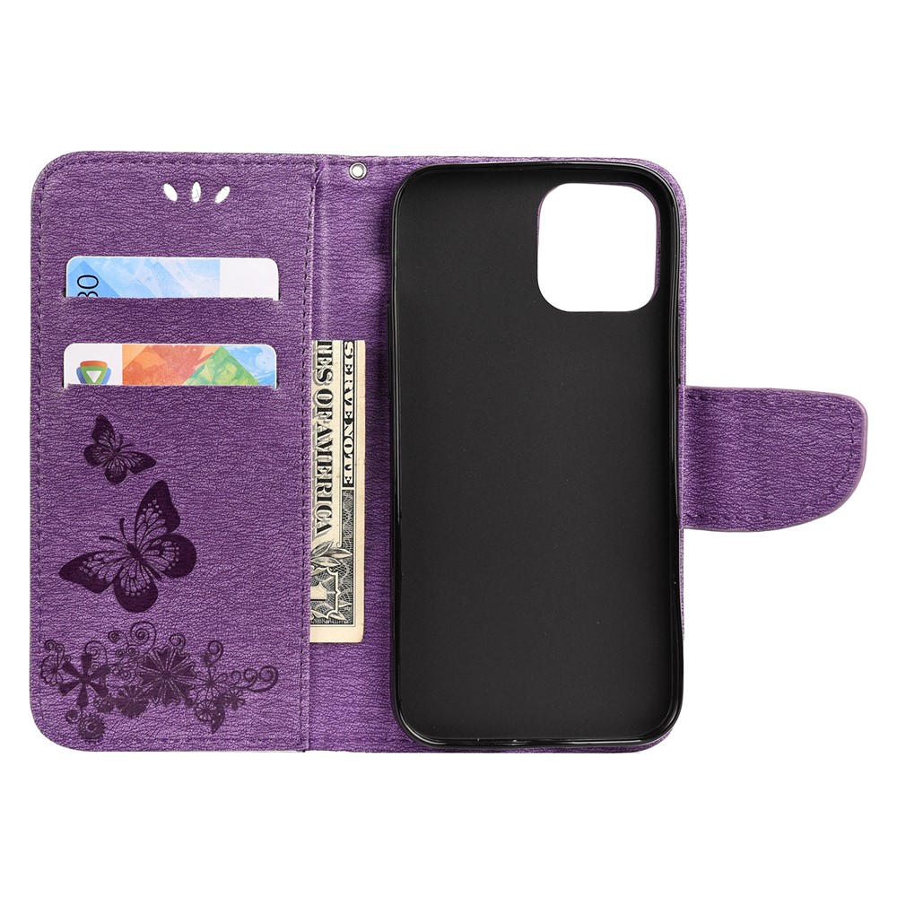 Imprint Flower Butterfly Leather Wallet Case for iPhone 12 Pro/12 - Purple-4