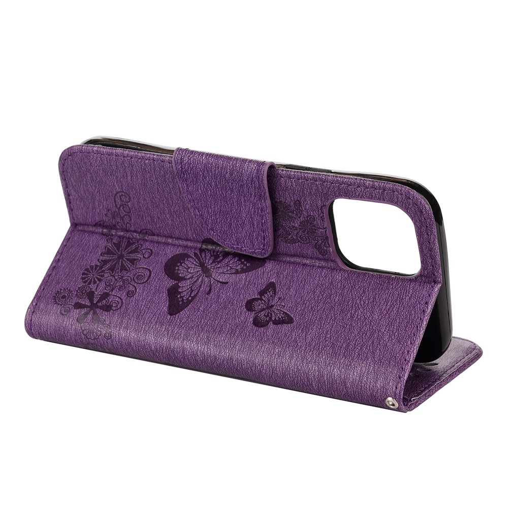 Imprint Flower Butterfly Leather Wallet Case for iPhone 12 Pro/12 - Purple-6