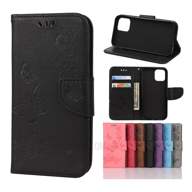 Imprint Flower Butterfly Leather Wallet Stand Case for iPhone 12 5.4 inch - Black-1