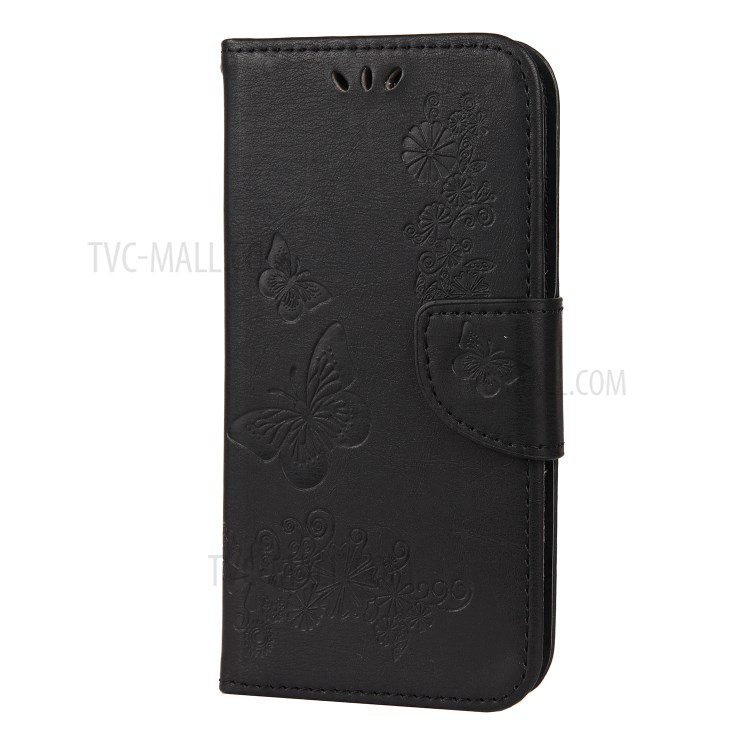 Imprint Flower Butterfly Leather Wallet Stand Case for iPhone 12 5.4 inch - Black-2