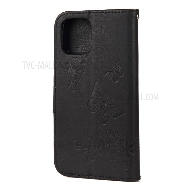 Imprint Flower Butterfly Leather Wallet Stand Case for iPhone 12 5.4 inch - Black-3