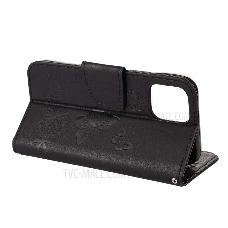 Imprint Flower Butterfly Leather Wallet Stand Case for iPhone 12 5.4 inch - Black-6