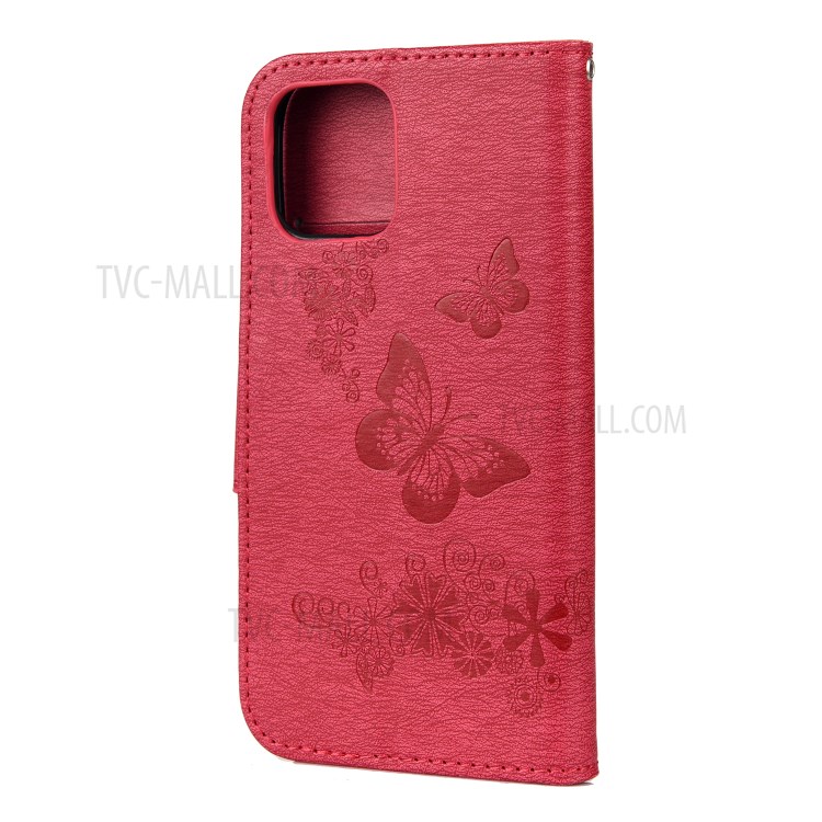 Imprint Flower Butterfly Leather Wallet Stand Case for iPhone 12 mini - Red-3