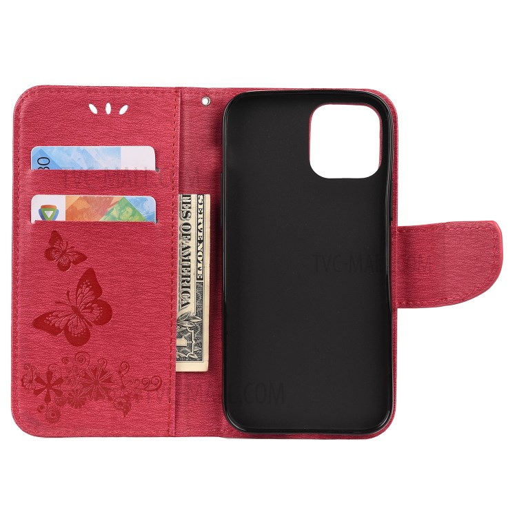 Imprint Flower Butterfly Leather Wallet Stand Case for iPhone 12 mini - Red-4