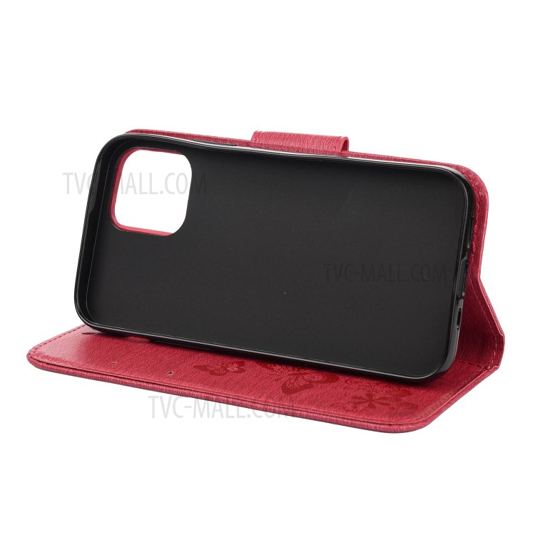 Imprint Flower Butterfly Leather Wallet Stand Case for iPhone 12 mini - Red-5