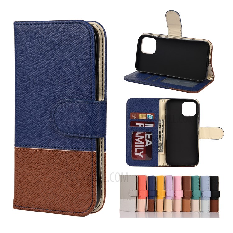 Color Splicing Cross Texture PU Leather Wallet Stand Phone Case for iPhone 12 5.4 inch - Dark Blue-1