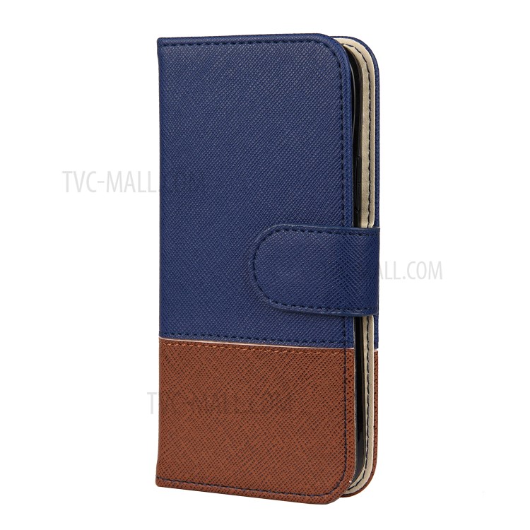 Color Splicing Cross Texture PU Leather Wallet Stand Phone Case for iPhone 12 5.4 inch - Dark Blue-2