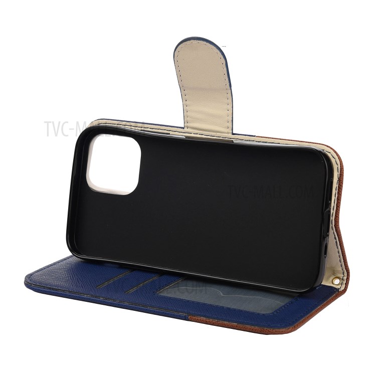 Color Splicing Cross Texture PU Leather Wallet Stand Phone Case for iPhone 12 5.4 inch - Dark Blue-5