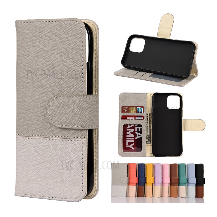 Color Splicing Cross Texture PU Leather Wallet Stand Phone Shell for iPhone 12 Pro Max 6.7 inch - Grey-1