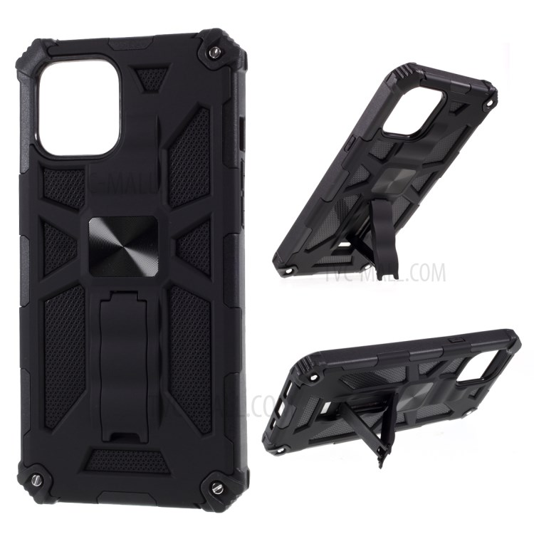 PC TPU Kickstand Armor Dropproof Shell with Magnetic Metal Sheet for	iPhone 12 5.4 inch - Black-1