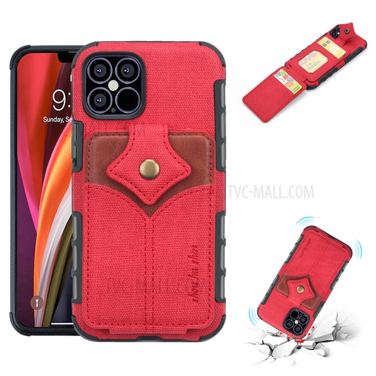 SHOUHUSHEN Maple Buckle Card Slots PU Leather Coated PC Phone Casing for iPhone 12 Pro/12 - Red-1