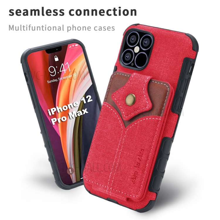 SHOUHUSHEN Maple Buckle Card Slots PU Leather Coated PC Phone Casing for iPhone 12 Pro/12 - Red-2